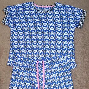 Cuddl Duds Pajama Set Women M Blue Pink Aztec Geo Shorts Cozy Lounge Sleepwear